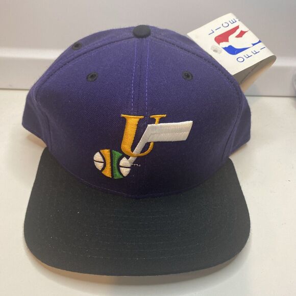 VTG New Era Utah Jazz Wool Hat Cap Purple Black Snapback Pro Model Deadstock NBA - Picture 1 of 11